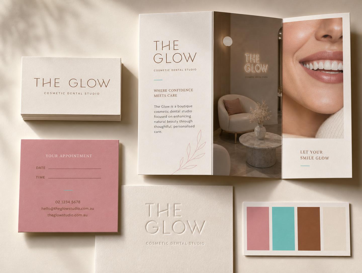 The Glow cosmetic dental studio stationery and brochure flat lay