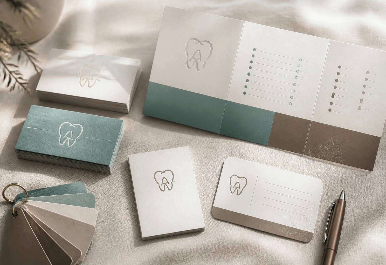 Dental practice brand collateral: business cards, price list, recall card and colour swatches