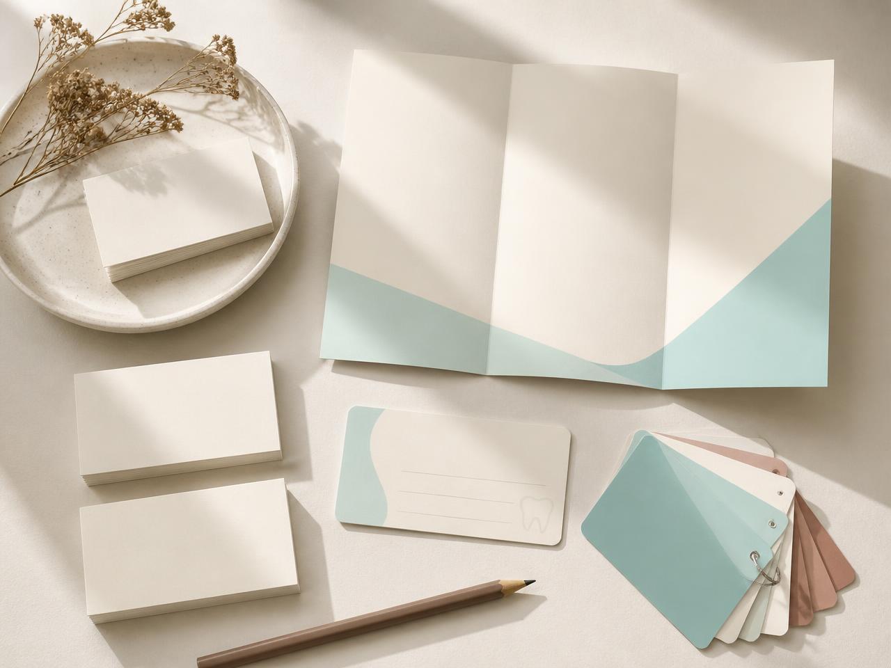 Dental practice brand collateral: business cards, price list, recall card and colour swatches