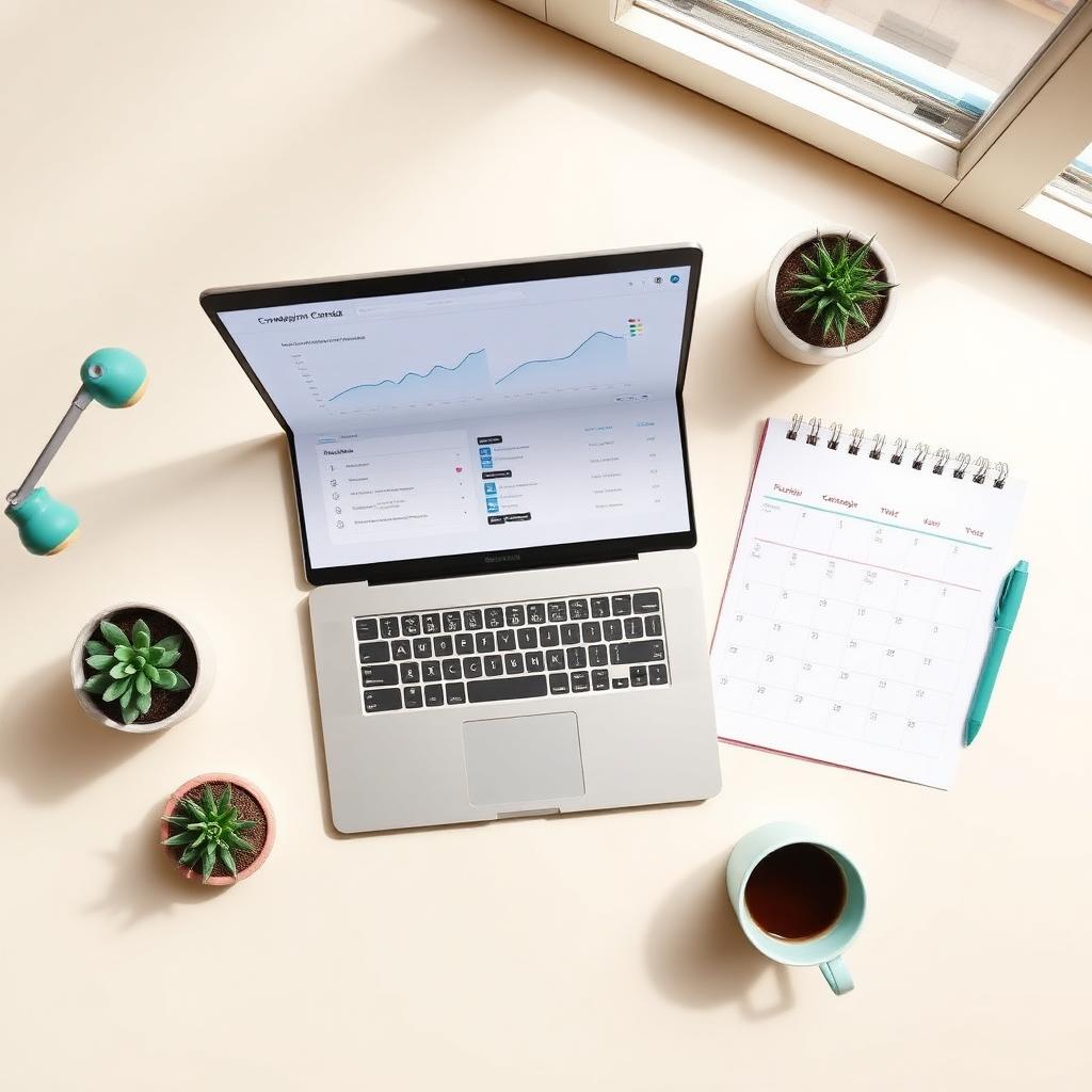 Paid media campaign dashboard and planning calendar on a clean desk