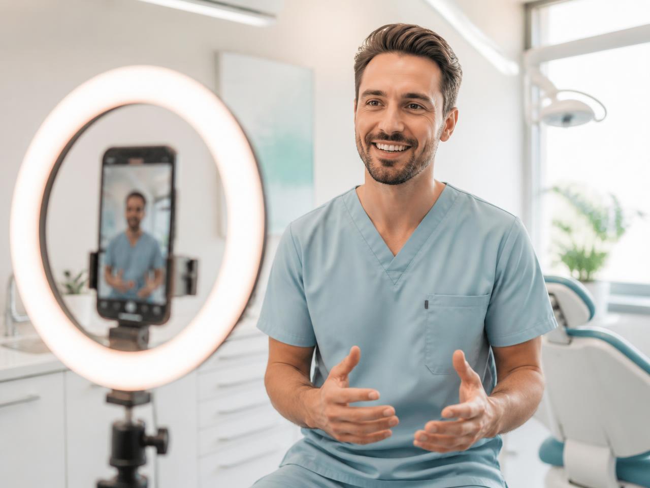 Dentist filming a vertical patient promo video on a phone in the surgery