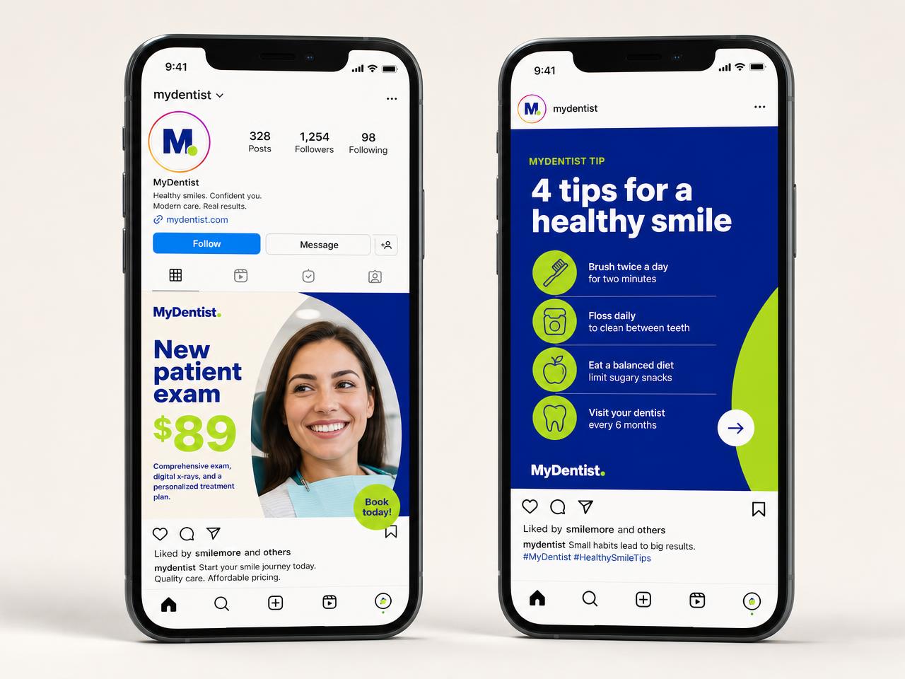 MyDentist social media posts shown on two smartphones