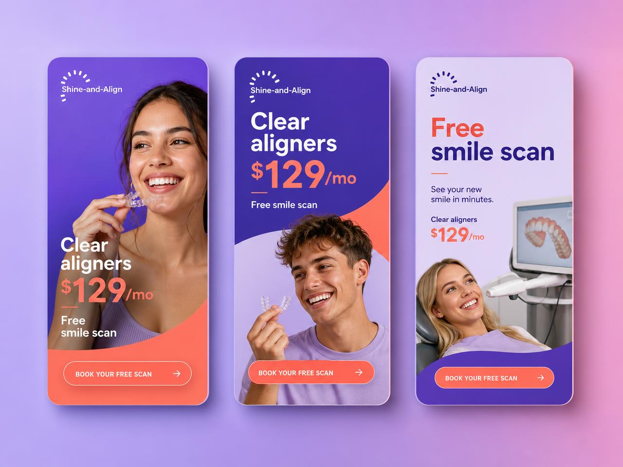 Shine-and-Align clear aligner story ads shown as three vertical creatives